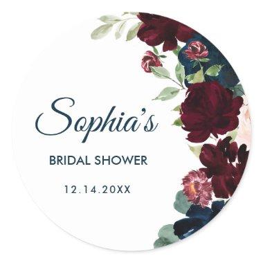Burgundy & Navy Blue Flowers Rustic  Classic Round Sticker