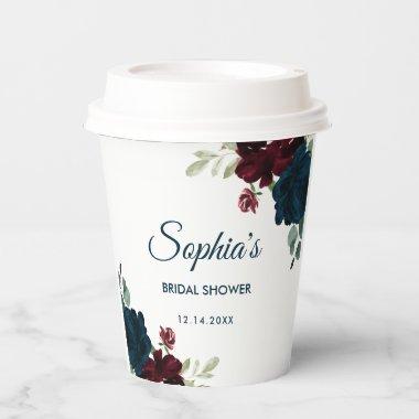 Burgundy & Navy Blue Flowers Rustic Bridal Shower Paper Cups