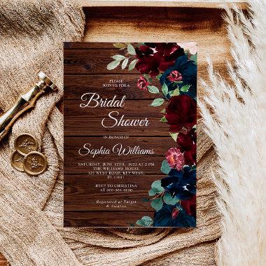 Burgundy & Navy Blue Flowers Wood Bridal Shower Invitations