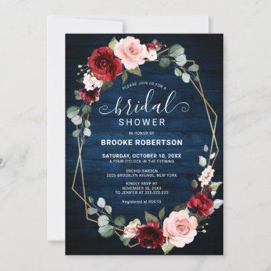 Burgundy Navy Blush Floral Geometric Bridal Shower Invitations