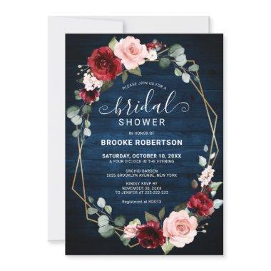 Burgundy Navy Blush Floral Geometric Bridal Shower Invitations