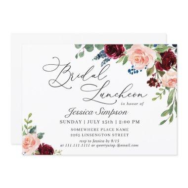 Burgundy Navy Eucalyptus Roses Bridal Luncheon