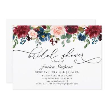 Burgundy Navy Eucalyptus Roses Bridal Shower Invitations