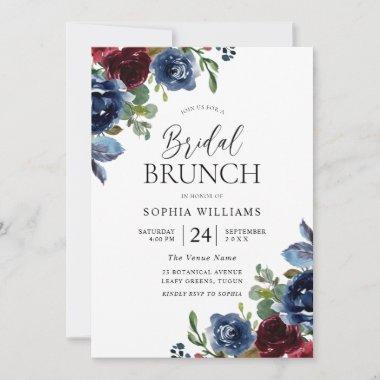 Burgundy & Navy Floral Bridal Shower Brunch Invitations