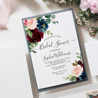 Burgundy & Navy Floral Bridal Shower Invitations