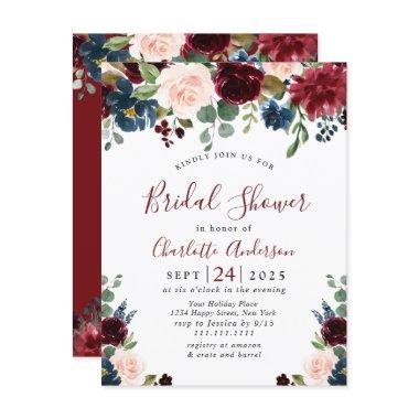 Burgundy Navy Floral Bridal Shower Invitations