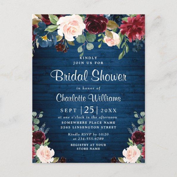 Burgundy Navy Floral Bridal Shower Invitations