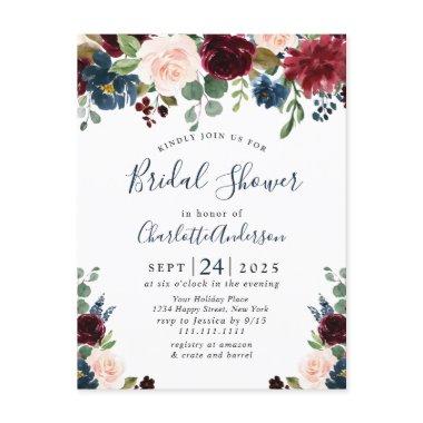 Burgundy Navy Floral Bridal Shower Invitations