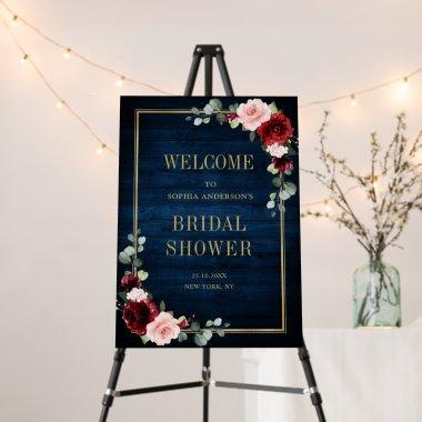 Burgundy Navy Floral Rustic Bridal Shower Welcome Foam Board