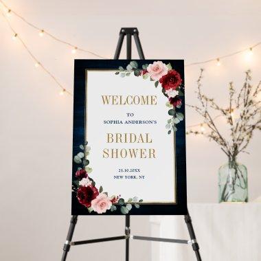 Burgundy Navy Floral Rustic Bridal Shower Welcome Foam Board