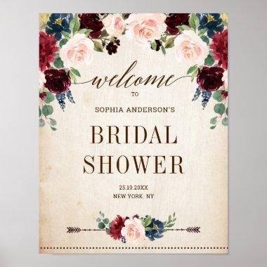 Burgundy Navy Floral Rustic Bridal Shower welcome Poster
