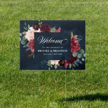 Burgundy Navy Floral Rustic Wedding Welcome Sign