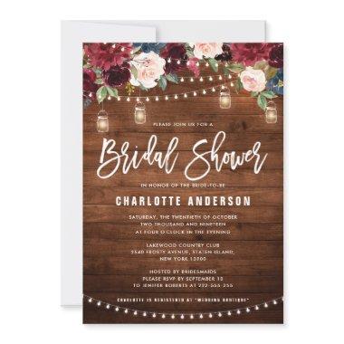 Burgundy Navy Floral String Light Bridal Shower In Invitations