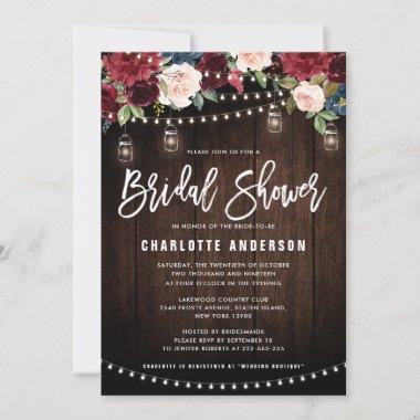 Burgundy Navy Floral String Light Bridal Shower Invitations