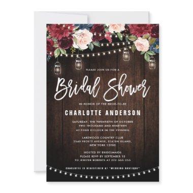 Burgundy Navy Floral String Light Bridal Shower Invitations