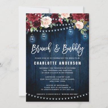 Burgundy Navy Floral String Light Brunch & Bubbly Invitations