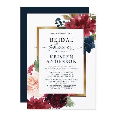 Burgundy Navy Floral Watercolor Gold Bridal Shower Invitations