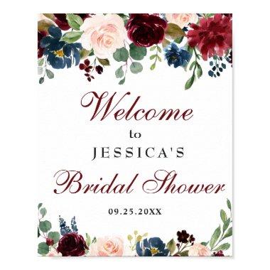 Burgundy Navy Floral Welcome Bridal Shower Sign