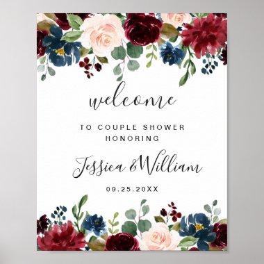 Burgundy Navy Floral Welcome COUPLE SHOWER Sign