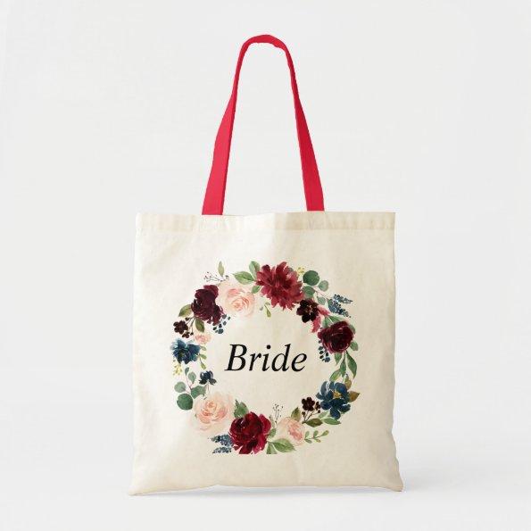 burgundy navy floral wreath bride tote bag