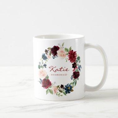 Burgundy navy floral wreath bridesmaid coffee mug