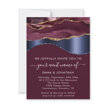 Burgundy Navy Gold Border Wave QR Code Wedding