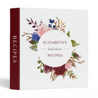 Burgundy Navy Pink Floral  Recipes 3 Ring Binder