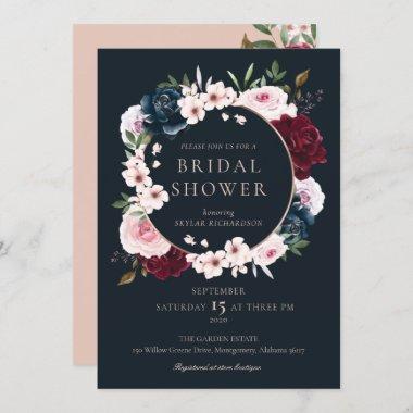 Burgundy Navy Rose Watercolor Wreath Bridal Shower Invitations