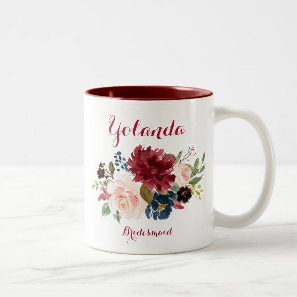 Burgundy navy watercolor floral bridesmaid Two-Tone coffee mug