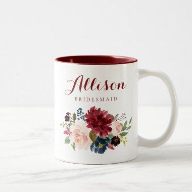 Burgundy navy watercolor floral bridesmaid Two-Tone coffee mug