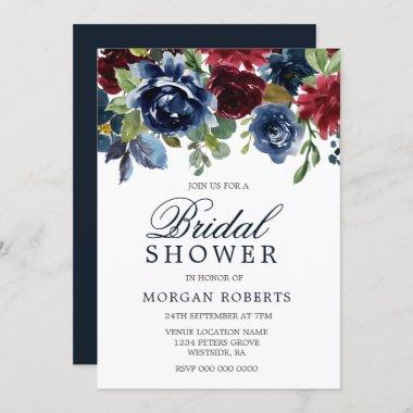 Burgundy & Navy Watercolor Flowers Bridal Shower Invitations