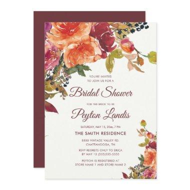 Burgundy Orange Blue Floral Leaves Bridal Shower Invitations