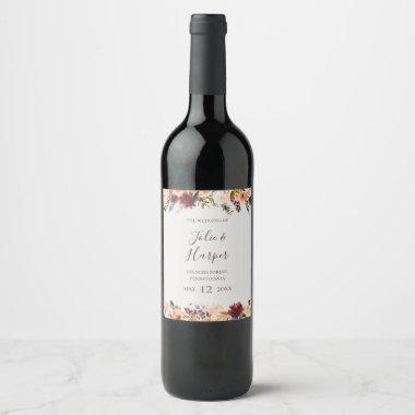 Burgundy Orange Floral | Beige Wedding Wine Label
