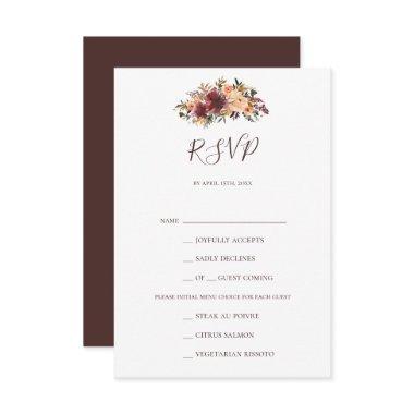 Burgundy Orange Floral Menu Choice RSVP Card