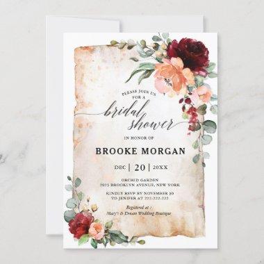 Burgundy Peach Coral Pink Roses Bridal Shower Invitations