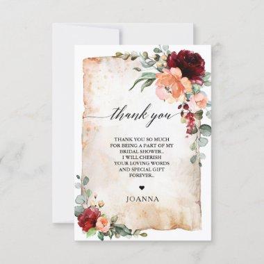 Burgundy Peach Coral Pink Roses Bridal Shower Thank You Invitations