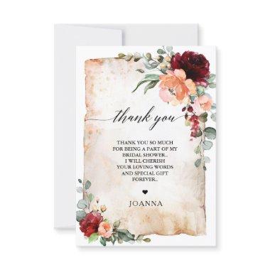 Burgundy Peach Coral Pink Roses Bridal Shower Thank You Invitations