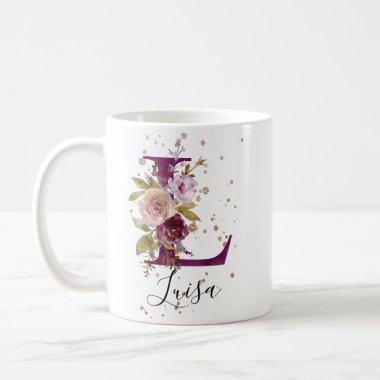 Burgundy Pink Blush Floral Letter L Monogram Coffee Mug