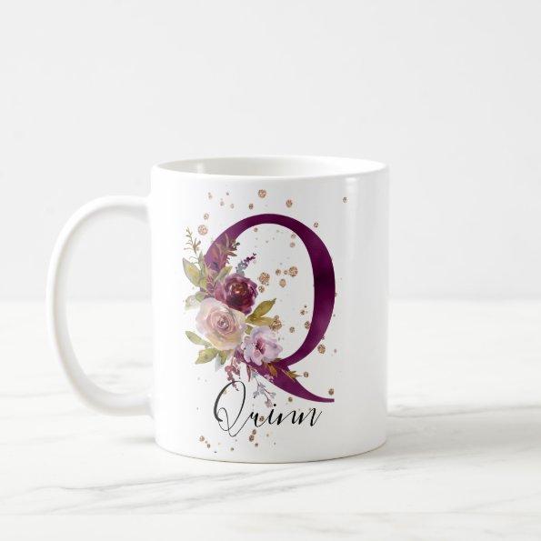 Burgundy Pink Blush Floral Letter Q Monogram Coffee Mug