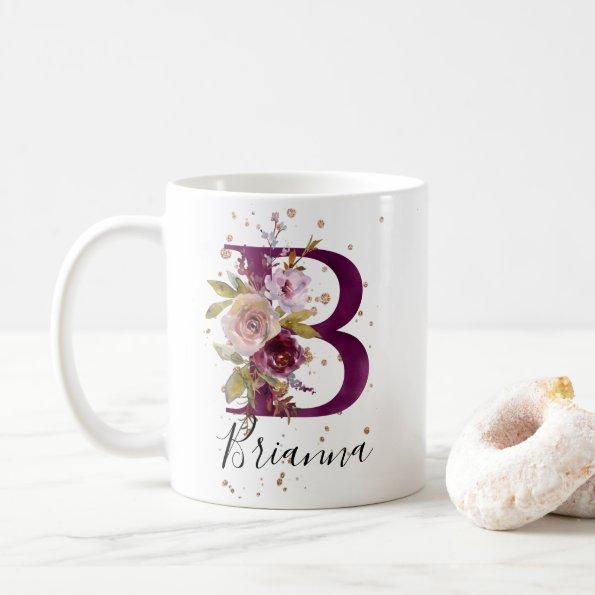 Burgundy Pink Cream Floral Letter B Monogram Coffee Mug