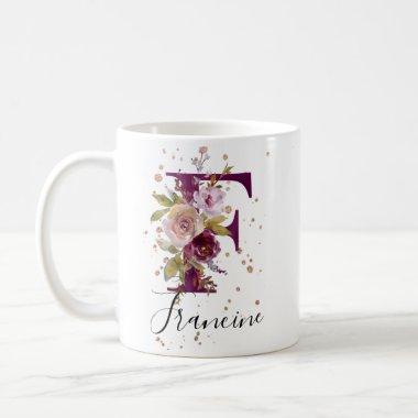 Burgundy Pink Cream Floral Letter F Monogram Coffee Mug
