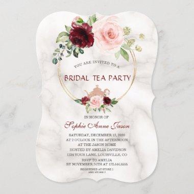 Burgundy Pink Flowers Marble Bridal Tea Party Invitations