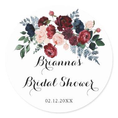 Burgundy Pink Navy Floral Bridal Shower Favor Classic Round Sticker