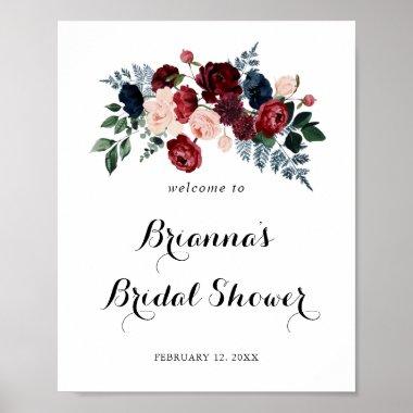 Burgundy Pink Navy Floral Bridal Shower Welcome Poster