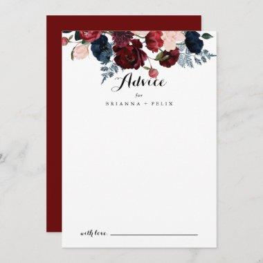Burgundy Pink Navy Floral Calligraphy Wedding  Advice Card