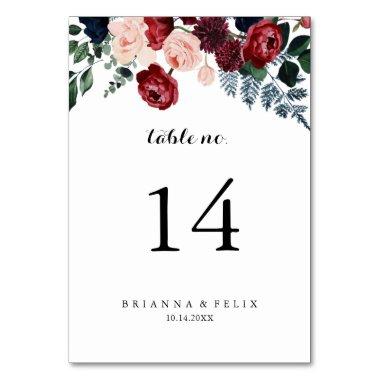 Burgundy Pink Navy Floral Calligraphy Wedding Table Number