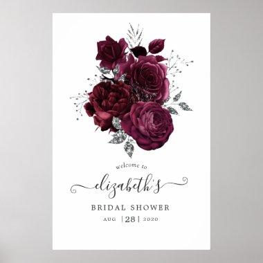 Burgundy Plum and Silver Floral Poster