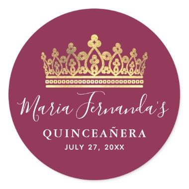 Burgundy Plum Gold Elegant Quinceanera Classic Round Sticker