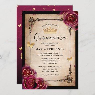 Burgundy Plum Gold Elegant Rose Quinceanera Invitations