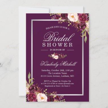 Burgundy Plum Purple Flowers Autumn Bridal Shower Invitations